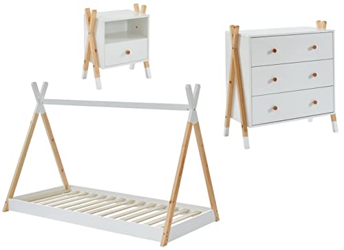 BAÏTA Ensemble Chambre Enfant TIPI en Bois et Blanc avec lit + Chevet + Commode Inclus