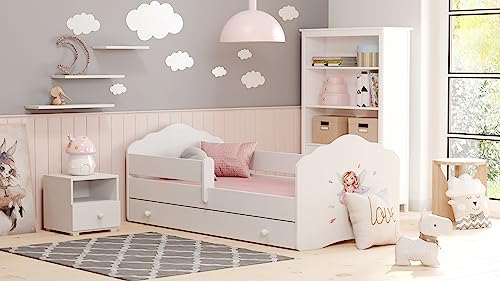 KOBI Lit Enfant FALA Blanc | avec Rangement é Tiroir | 160x80 cm | Lit Garcon Petite Fille Lits pour Enfants | avec Un Matelas et Un Cadre | Meuble la Chambre Bebe | Lit Simple avec Barriere