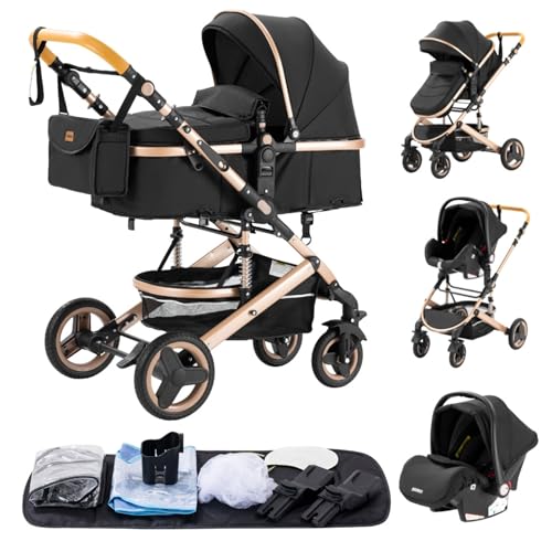 YAZOCO Poussette 3 en1 Compacte Poussette CombinéEs Anstout Terrain Luxe Haut Paysage Quadruple Pliable Canne Bébé Poussettes Confort Convient aux Nouveau Nés