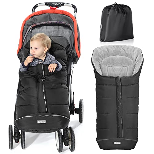 Orzbow Chancelière Universelle Poussette,Imperméable Sac de Couchage Bébé Hiver Landau,Doublure en Velours Corail Chaud,Capuche,Bandes Réfléchissantes,Fermeture Éclair et Antidérapante (Noir)