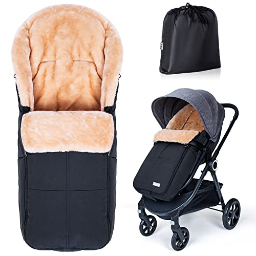 Orzbow Chanceliere Universelle, Hiver Couverture Bebe avec Doublure en Fausse Peau de Mouton, Amovible et Imperméable, pour Poussette et Landau avec Harnais 3 et 5 Points (Noir)