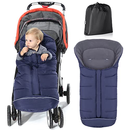Orzbow Chancelière Universelle pour Poussette,Imperméable Sac de Couchage Bébé pour Landau avec Capuche à Cordon, Doublure Chaude en Polaire,Bandes Réfléchissantes,Fermeture Éclair (Bleu)