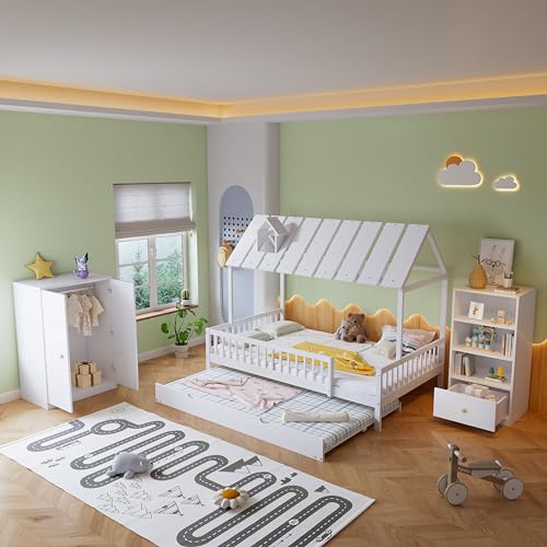 Chambre à coucher complète 3 pièces - Lit de maison + armoire + étagère - Lit enfant 120 x 200 cm - Lit fonctionnel avec lit roulant et grille à 3 côtés - Plusieurs espaces de rangement - Toit avec