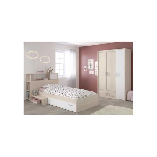 Générique CHARLEMAGNE Chambre Enfant Complete - Tete de lit + lit + Armoire - Style Contemporain - Décor Acacia Clair et Blanc
