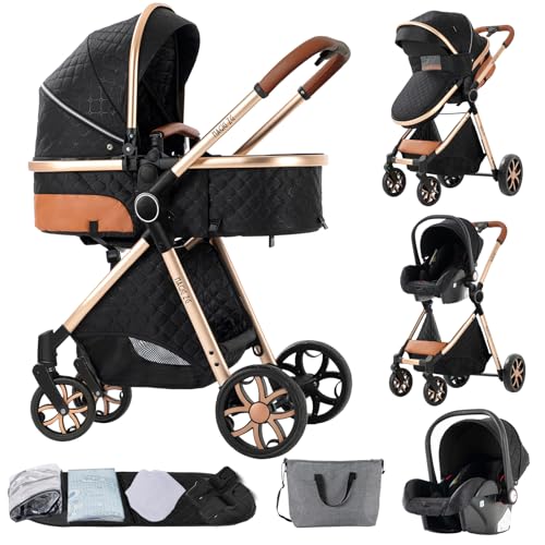 MoLi Poussette 3 en 1, Poussette Bebe avec Mode Double Poussée Réversible, Pousette 3 en 1 avec Nacelle Grande, Poussette Trio Cadre en Alliage d'aluminium Pliable Haut Paysage (225 Black Gold)